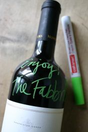 What a modern update on the wine gift classic! No gift tag needed – just write your message directly on the bottle with a paint pen (available at craft stores for around $2.00).